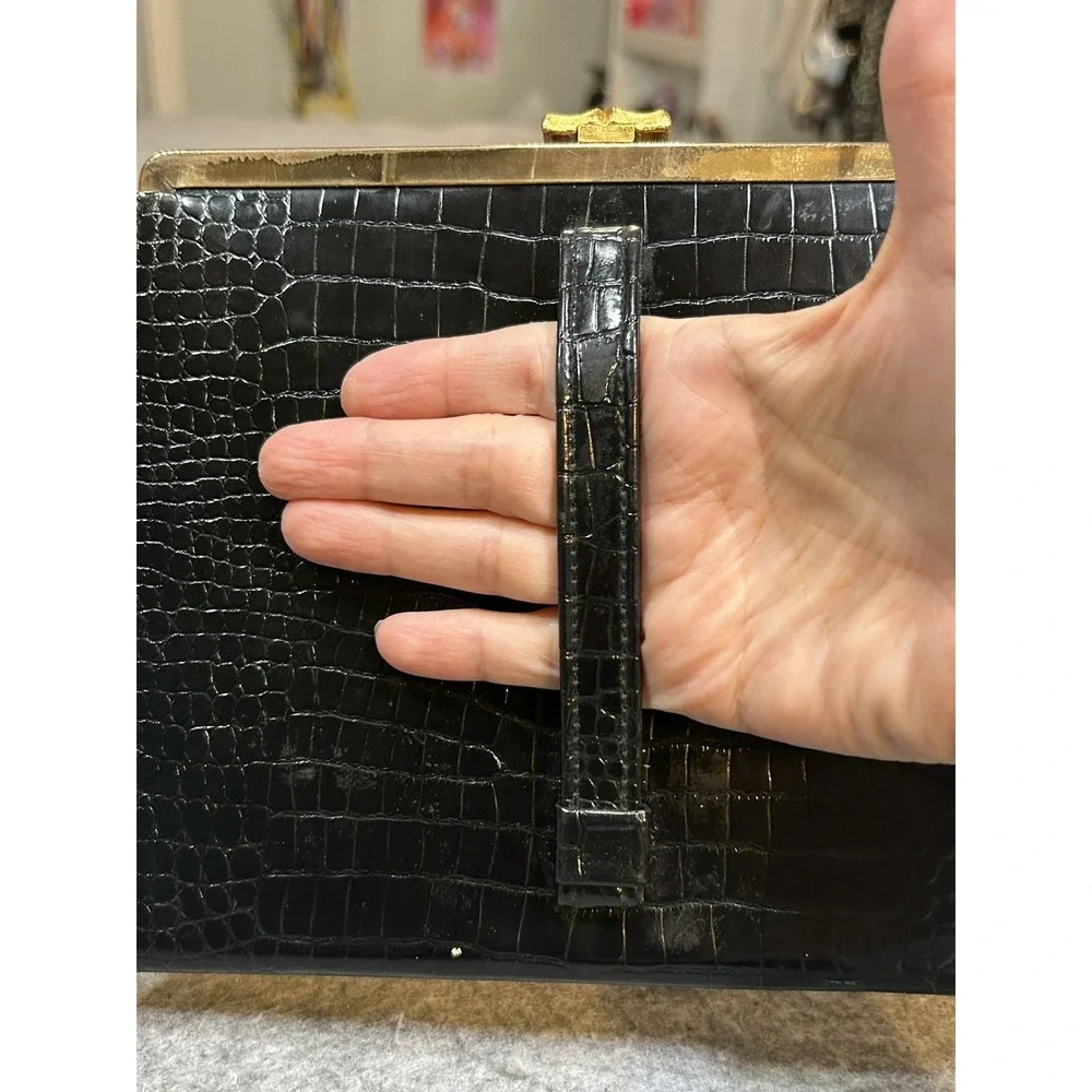 AFTER FIVE BLACK FAUX ALLIGATOR HANDBAG PURSE CHANGE PURSE VINTAGE Clutch Glam